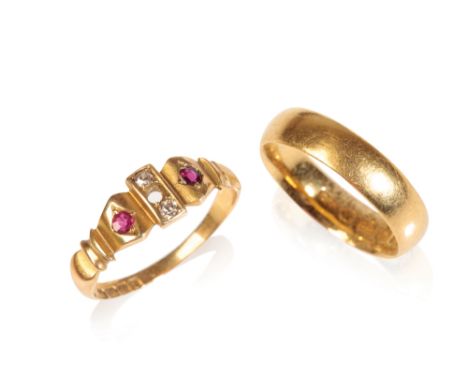 RUBY AND DIAMOND DRESS RING AND WEDDING BAND, the ruby and diamond dress ring, (one diamond missing), on an 18ct yellow gold 