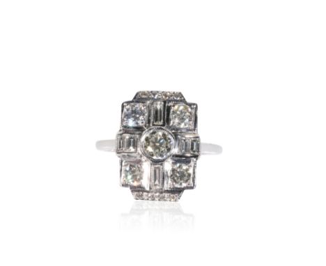 ART DECO STYLE DIAMOND RING, the centre collet-set diamond approx .33ct, surrounded by baguette and round-cut diamonds, on an