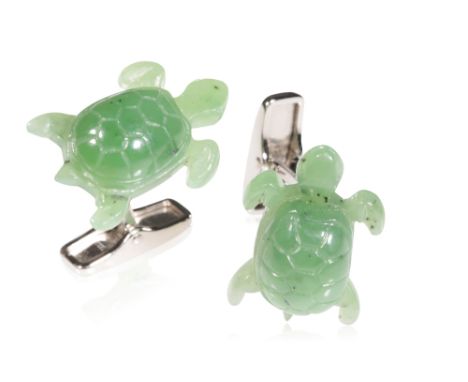 DUNHILL GENTLEMAN'S JADE AND SILVER CUFFLINK'S, each jade of tortoise form, with silver curved solid bar connections, inscrib