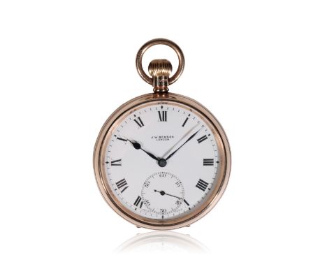 JW BENSON OF LONDON: A 9CT GOLD OPEN FACED POCKET WATCH, the white enamel dial with black Roman numerals, dark blue steel han