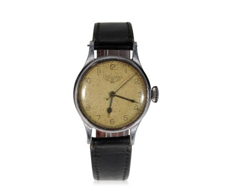 LONGINES GENTLEMAN'S MILITARY STAINLESS STEEL WRISTWATCH with manual wind movement, the white dial with black Arabic numerals