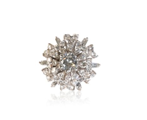 DIAMOND CLUSTER RING, the centre brilliant-cut diamond approx .50ct surrounded by round and baguette-cut diamonds, (one round