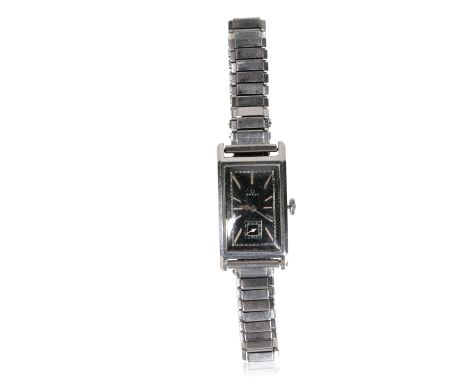OMEGA GENTLEMAN'S STAINLESS STEEL BRACELET WATCH with manual wind movement, the black dial with subsidiary seconds dial, silv