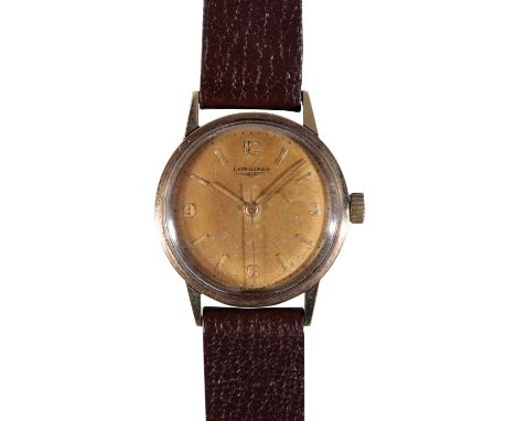 LONGINES 9CT GOLD GENTLEMAN'S WRISTWATCH with manual wind movement, the gold coloured dial with baton and Arabic numerals and