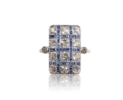 ART DECO STYLE DIAMOND AND SAPPHIRE RING, fourteen diamonds, approx 1.90ct total, divided by princess-cut sapphires, on a yel