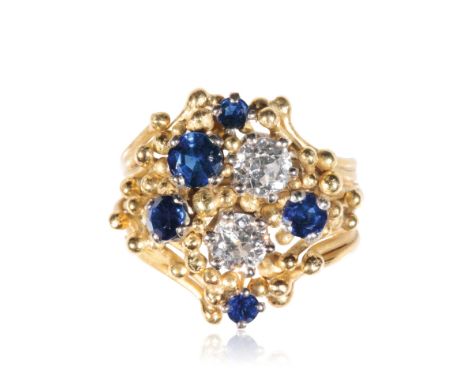 SAPPHIRE AND DIAMOND CLUSTER RING, two brilliant-cut diamonds, approx .80ct total and five graduated sapphires, scattered wit