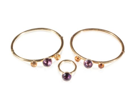 GARRARD PAIR OF GEM SET BANGLES AND MATCHING RING, both hinged bangles with three gem stones attached, one inscribed " Garrar