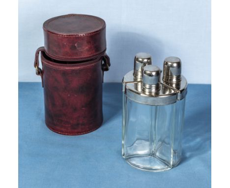 Art Deco triple glass flask set in leather case
