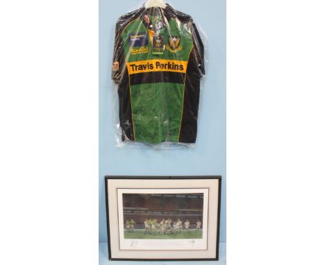 A Northampton Rugby Football club shirt, signed by the team, together with, Stephen Doig (20th Century) 'Crowning Glory' limi