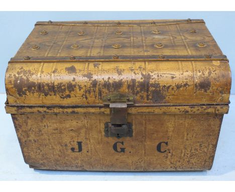 A large metal trunk with initials "J.G.C" written to front, painted to simulate wood, 69cm wide 46cm deep