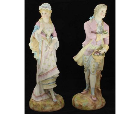 Two large Bisque ceramic figures, one of a man holding flowers, the other of a lady with a fan (AF) both in classical dress. 