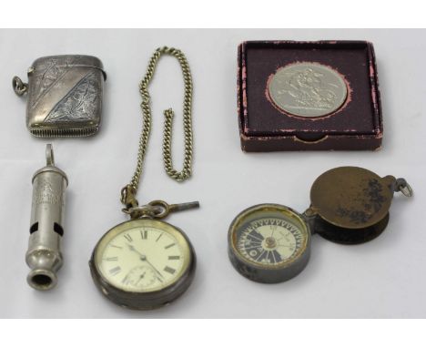 A silver vesta case and a silver pocket watch on white metal chain, together with a 1951 crown, a small folding compass, an a