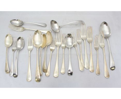 A quantity of silver Old English pattern flatware comprising of twelve forks, eight spoons and a ladle. Gross weight approxim