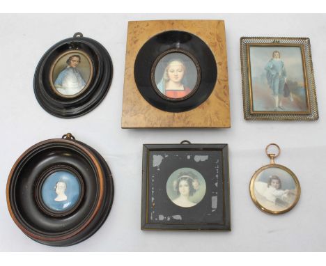 Six various portrait miniatures including a painted copy of Gainsborough's 'Blue Boy,' another of the Virgin Mary, three prin