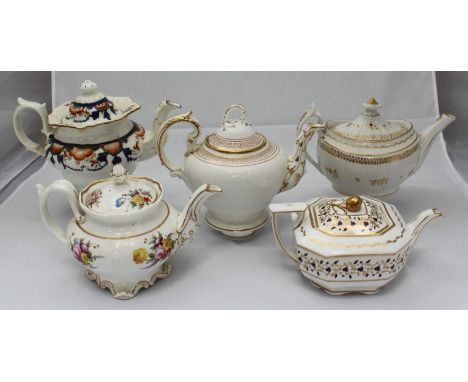 Five 19th century teapots including Coalport, Spode, Chamberlain's Worcester and Alcock etc (5)