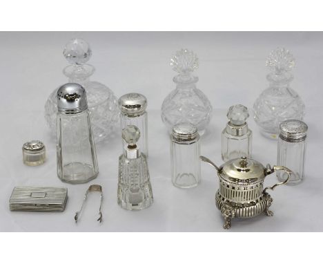 A group of five silver topped glass toilet jars, together with five glass jars, four with glass stoppers, a silver plated snu