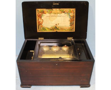 An early 20th century Swiss music box, playing eight airs with bells, housed in an inlaid rosewood and ebonised rectangular c