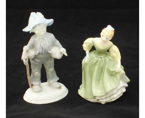 A Royal Doulton ceramic figure 'Fair Maiden' 'H.N. 2211' together with a Kunstporzellan figure of a boy with two ducks.