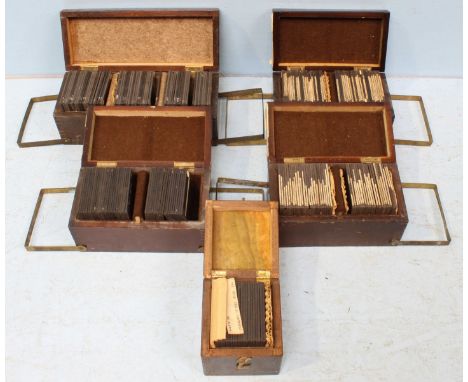 Five boxes of late 19th Magic Lantern slides, the wooden boxes encasing slides relating to subjects including the Solar Syste