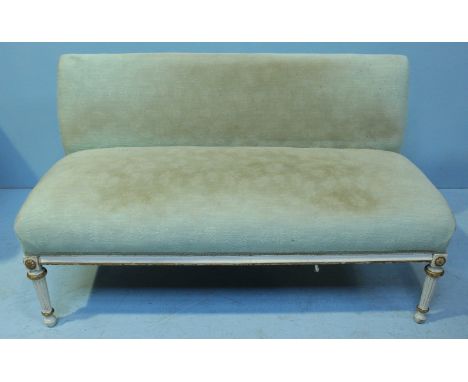 An Adam style sofa, with open ended sides, mint green fabric upholstery and raised on fluted and tapering front supports. 124