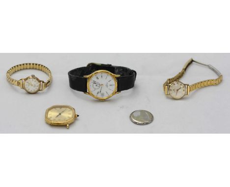 A 9ct gold cased ladies cocktail watch by Rotary, together with a ladies Omega and two gents watches, one being a boxed Rotar