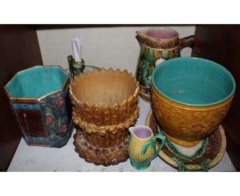 SECTION 11. A collection of majolica ceramic vases etc together with a Ulysses S. Grant lustre bowl.
