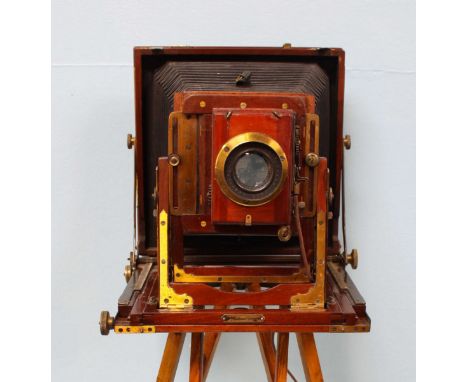 An early 20th century mahogany and laquered brass folding plate camera with adjustable ash tripod base
