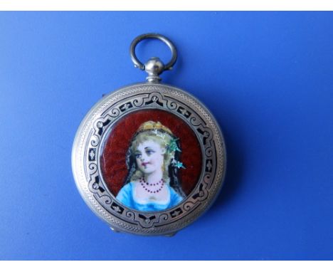 A 19thC continental enamelled gold pocket watch decorated with a female portrait on red guilloche ground – 'IX', 1.4” diamete