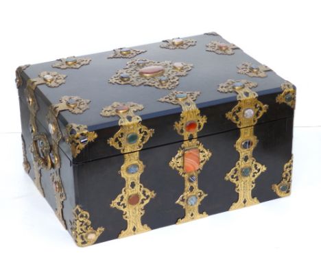 A French 19thC ebony parquetry casket attributed to Maison Alphonse Giroux,  mounted with arabesque gilt metal strapwork set 