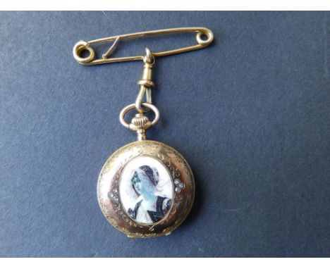 A 19thC continental lady's enamelled hunter cased pocket watch 'Rementoir, Cylindre 10 rubis No. 32380', the white enamel dia