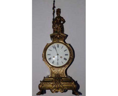 A 19thC French gilt brass  clock by Miroy Requier & Co, Paris-London, striking on a bell, the convex enamel dial damaged, the
