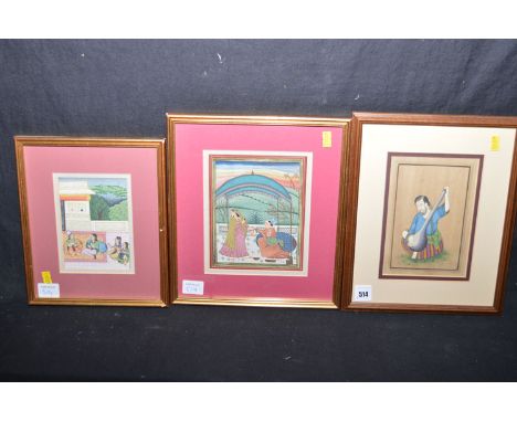 Paintings in gouache: Middle Eastern school - A man playing a saz; and Indian school - women and lovers in gardens.  (3)