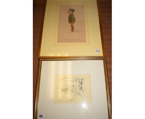 An ink drawing cartoon, by A.E. Lee "The Great Push", 17 13cms (image size) framed; and a cartoon of Major General R. Hutchis