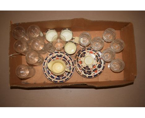 A part tea service by M. & S., England, comprising: tea plates, cream jug and tea cups; cut glassware.