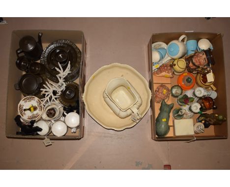 A ceramic wash bowl and matching jug in white and gold colour; together with a box of miscellaneous decorative ceramics, incl