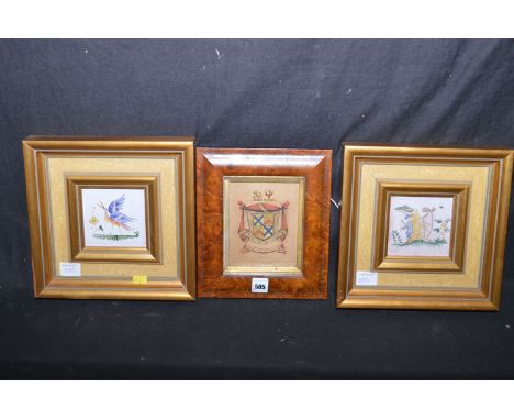 A 19th Century family crest for Slater, in birdseye maple frame; together with two Continental delft tiles depicting a bird a