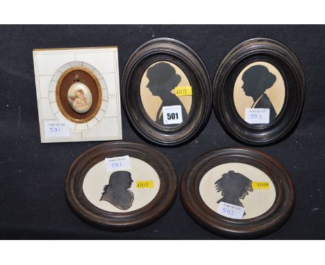 A late 19th/early 20th Century hand-painted miniature portrait of Cupid, mounted on a brooch, in ivorex frame; together with 