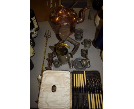 A 19th Century copper kettle with brass finial; a cobbler's last; brass toasting fork; pewter measures; silver plated fish fo