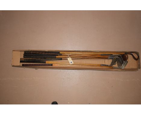 A collection of golf clubs with hickory handles, including examples by R. Anderson & Sons; a Dick Mae wood; Andrew Special we