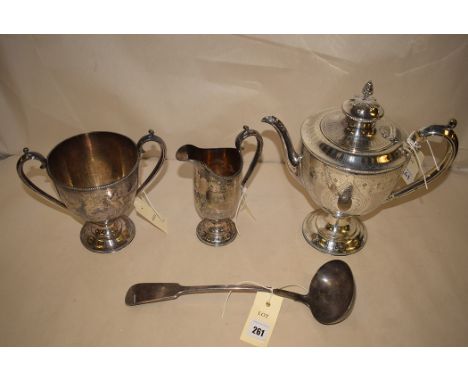 A Victorian three-piece silver plated coffee service, by William Hutton & Sons, Sheffield, with gladiator style decoration; a