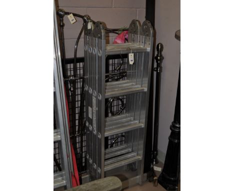 A modern folding aluminium ladder, comprising: four-fold sections with four treads.