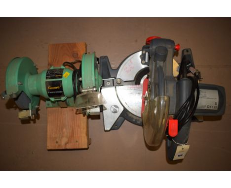 A circular mitre saw by P.T. Power Tools; together with a Power G 6in. bench grinder.