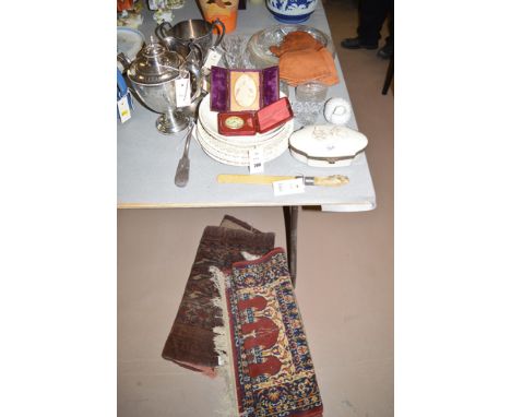 A Turkoman hand knotted bag, teke decoration, 108 x 63cms; together with a machine-made prayer rug together with four 19th Ce