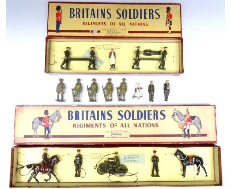 Britains set 1907, General Staff, service dress in original ROAN box, and set 1723, Royal Army Medical Corps in steel helmets