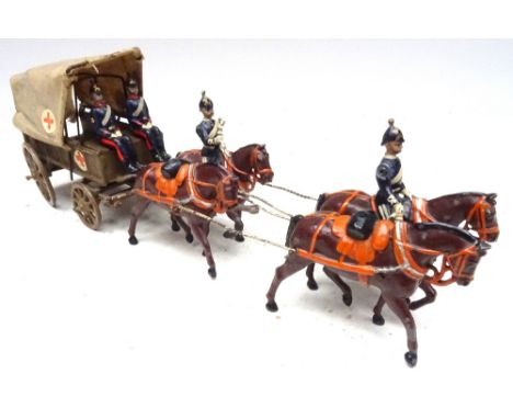 Britains set 145, Army Medical Corps four-horse Ambulance FIRST VERSION, collar harness, with two seated men, khaki finish to