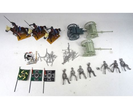 54mm scale Models: three WWI German Cavalry in gasmasks, horses in gas hoods  (Condition Very Good, fully finished), seven US