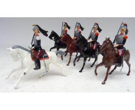 Britains set 136, Cossacks all black horses, with Officer and 138 French Cuirassiers with Officer (Condition Very Good, spear