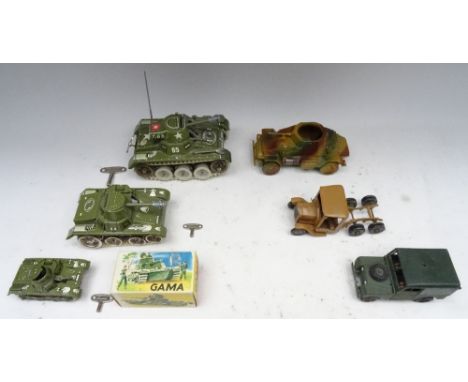 Gama Tanks in three sizes with keys, two commanders and one original box (Condition Excellent, box Excellent), an Armoured Ca