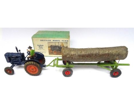 Britains sets 128F Fordson Tractor, rubber tyres with driver, in original box and 129F Timber Trailer with log (Condition Ver