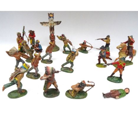 Elastolin 70mm scale Cowboys and Indians with a totem pole, a few not Elastolin (Condition Good- Fair, some damage, cracks an